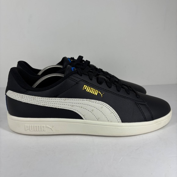 Puma Smash Vulc Sneakers Black White Gold Trim Casual Shoes Mens Size 9.5 - Picture 1 of 7
